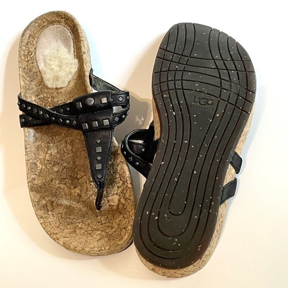 UGG Deitra Dual Strap Studded Leather Cork Thong Flip Flop Sandal Shoe 7 Black - Picture 3 of 10
